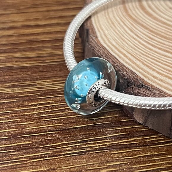 Murano Glass Blue Effervescence Clear Bead Charm - Picture 2 of 5